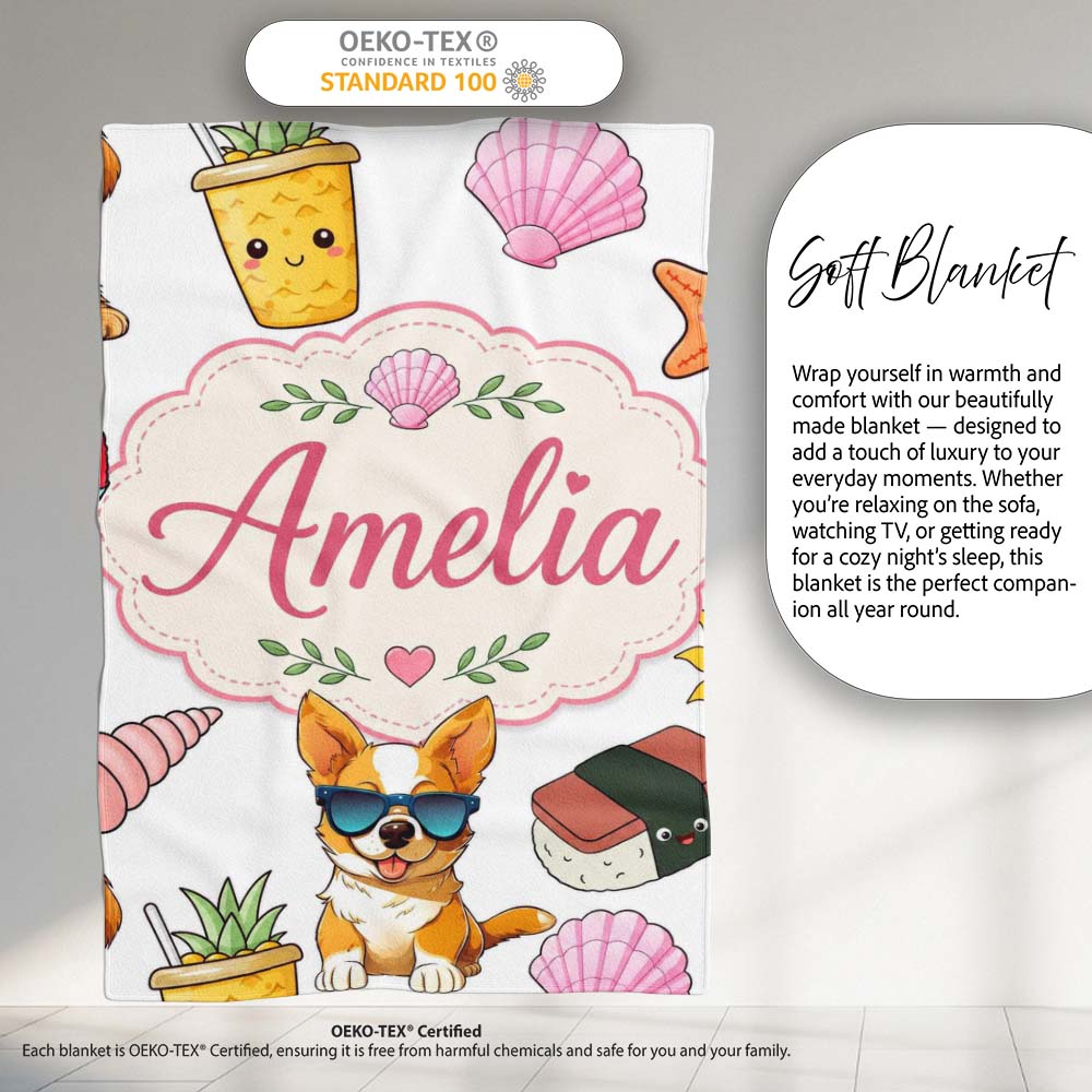 Summer Chihuahua Dog Sunglasses Kawaii Beach Grey Seamless Pattern  Personalised Custom Name Super Soft Fleece Blanket Bed Sofa Throw