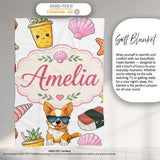 Summer Chihuahua Dog Sunglasses Kawaii Beach Grey Seamless Pattern  Personalised Custom Name Super Soft Fleece Blanket Bed Sofa Throw