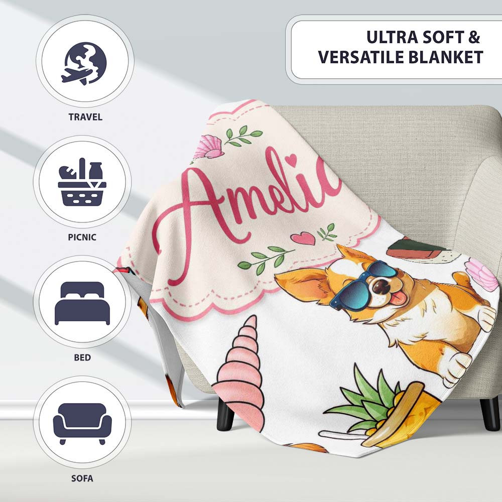 Summer Chihuahua Dog Sunglasses Kawaii Beach Grey Seamless Pattern  Personalised Custom Name Super Soft Fleece Blanket Bed Sofa Throw