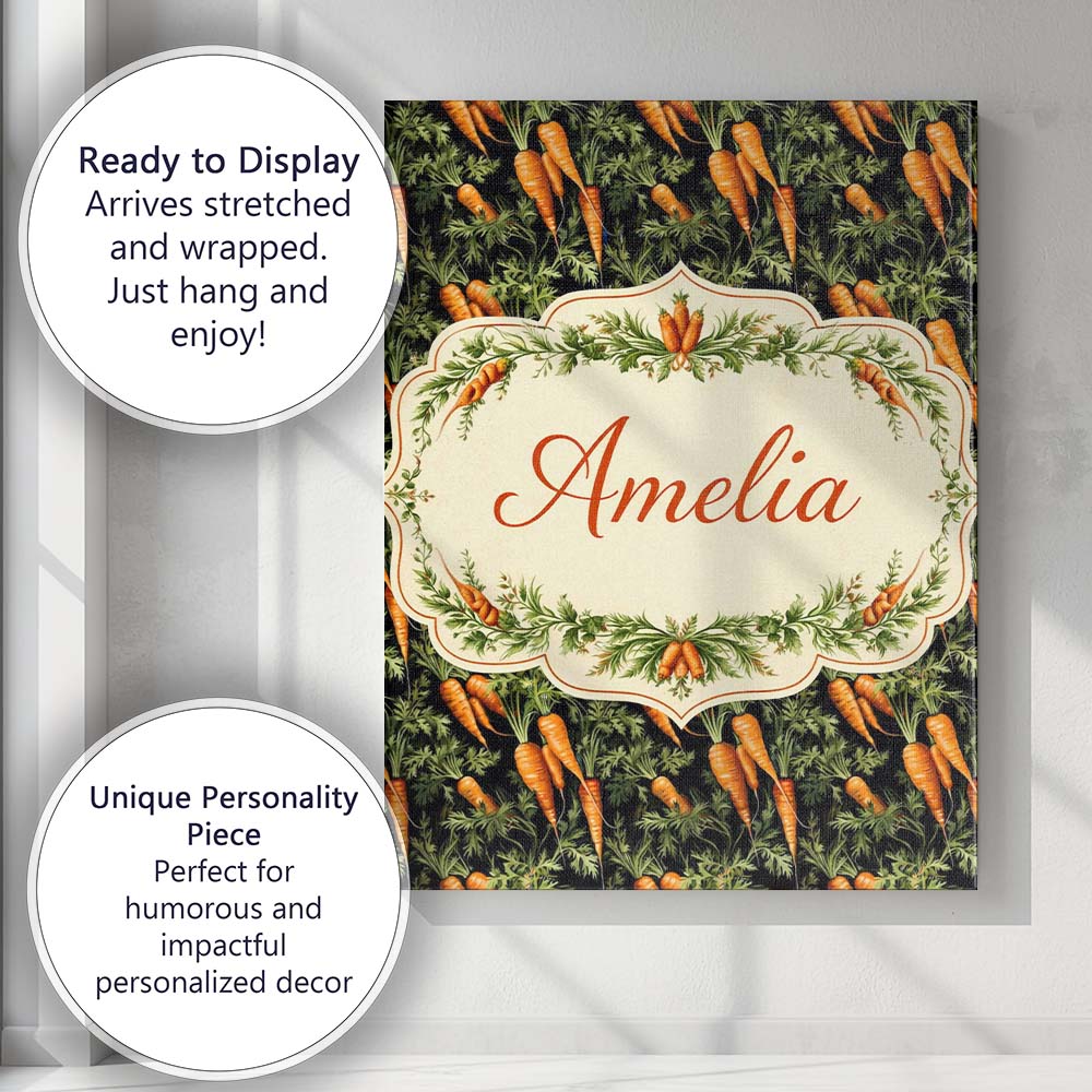 Personalised Name Dark Background Carrot Harvest Botanical Seamless Custom Canvas Wall Art Print Decor Picture Ready to Hang