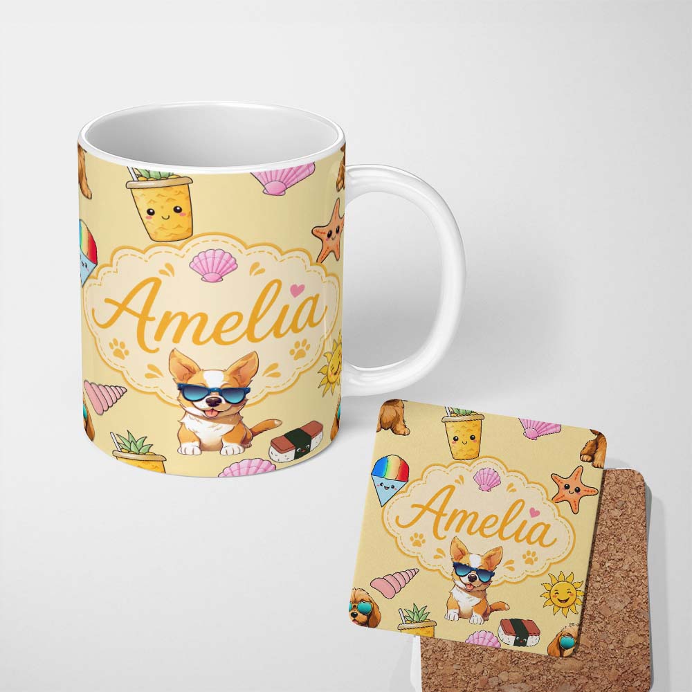 Personalized Custom Name Summer Chihuahua Dog Sunglasses Kawaii Beach Beige Seamless Pattern 11oz Ceramic Coffee Tea Mug White Large Handle