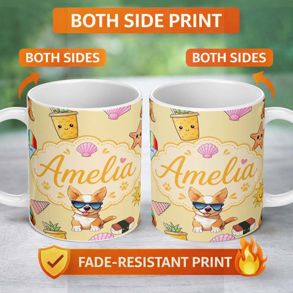 Personalized Custom Name Summer Chihuahua Dog Sunglasses Kawaii Beach Beige Seamless Pattern 11oz Ceramic Coffee Tea Mug White Large Handle