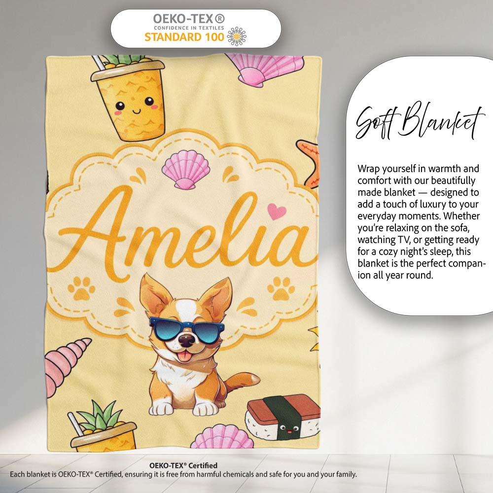 Summer Chihuahua Dog Sunglasses Kawaii Beach Beige Seamless Pattern  Personalised Custom Name Super Soft Fleece Blanket Bed Sofa Throw