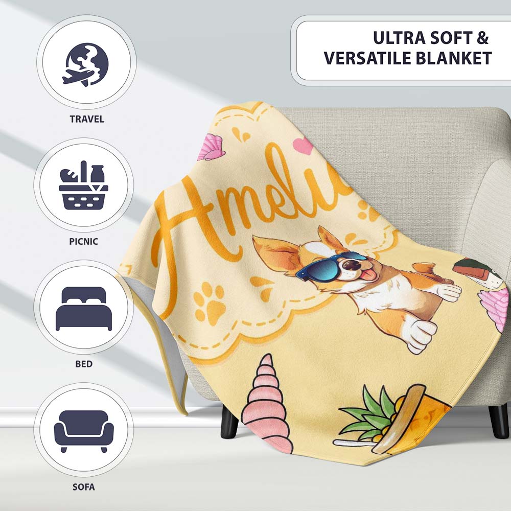 Summer Chihuahua Dog Sunglasses Kawaii Beach Beige Seamless Pattern  Personalised Custom Name Super Soft Fleece Blanket Bed Sofa Throw