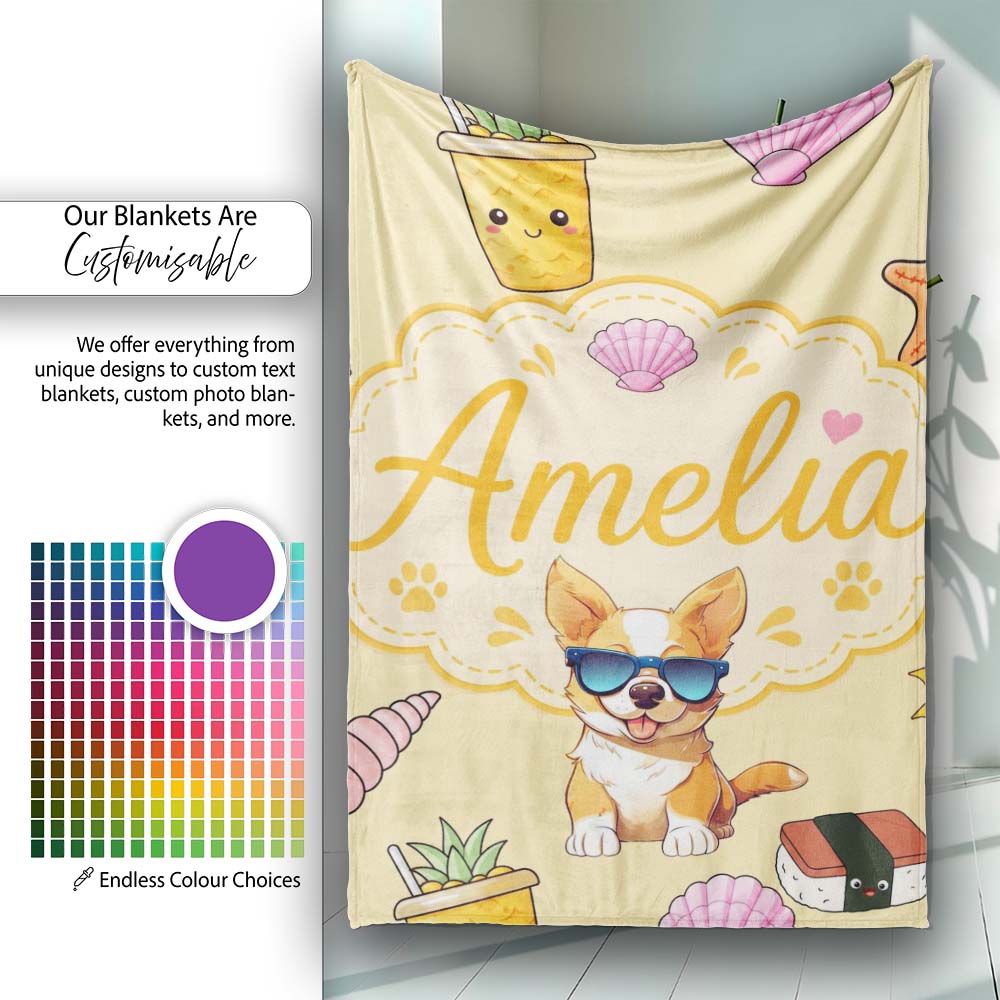 Summer Chihuahua Dog Sunglasses Kawaii Beach Beige Seamless Pattern  Personalised Custom Name Super Soft Fleece Blanket Bed Sofa Throw