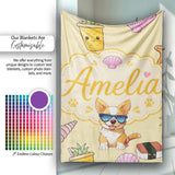 Summer Chihuahua Dog Sunglasses Kawaii Beach Beige Seamless Pattern  Personalised Custom Name Super Soft Fleece Blanket Bed Sofa Throw