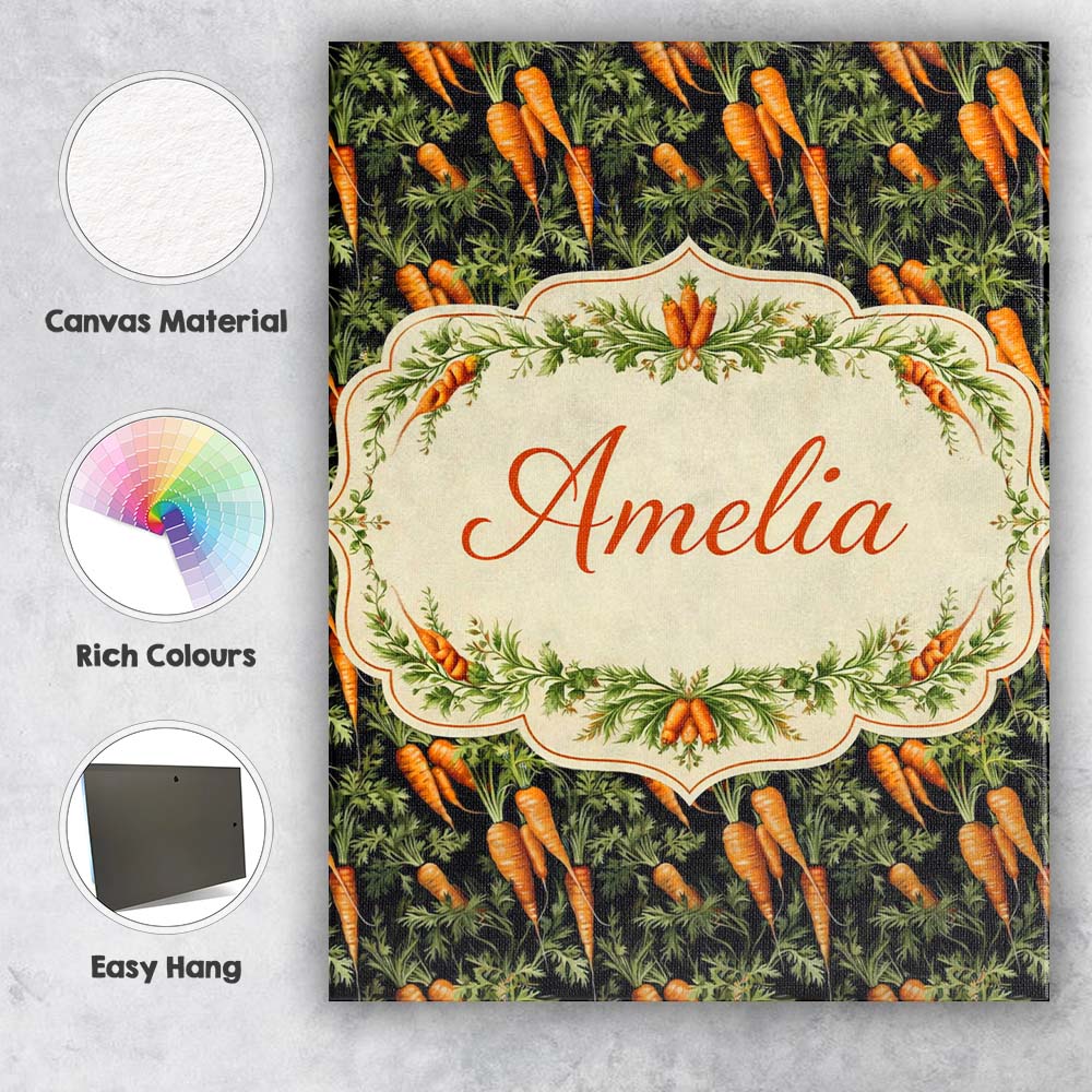 Personalised Name Dark Background Carrot Harvest Botanical Seamless Custom Canvas Wall Art Print Decor Picture Ready to Hang