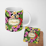 Personalized Custom Name Tropical Hibiscus Flowers Plumeria Leaves Exotic Floral Seamless 11oz Ceramic Coffee Tea Mug White Large Handle