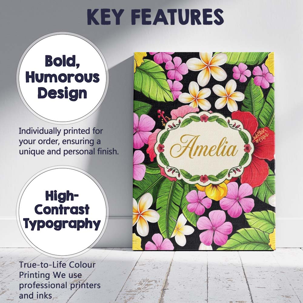 Personalised Name Tropical Hibiscus Flowers Custom  Bespoke Interior Contemporary Canvas Wall Art Print Decor Picture Ready to Hang