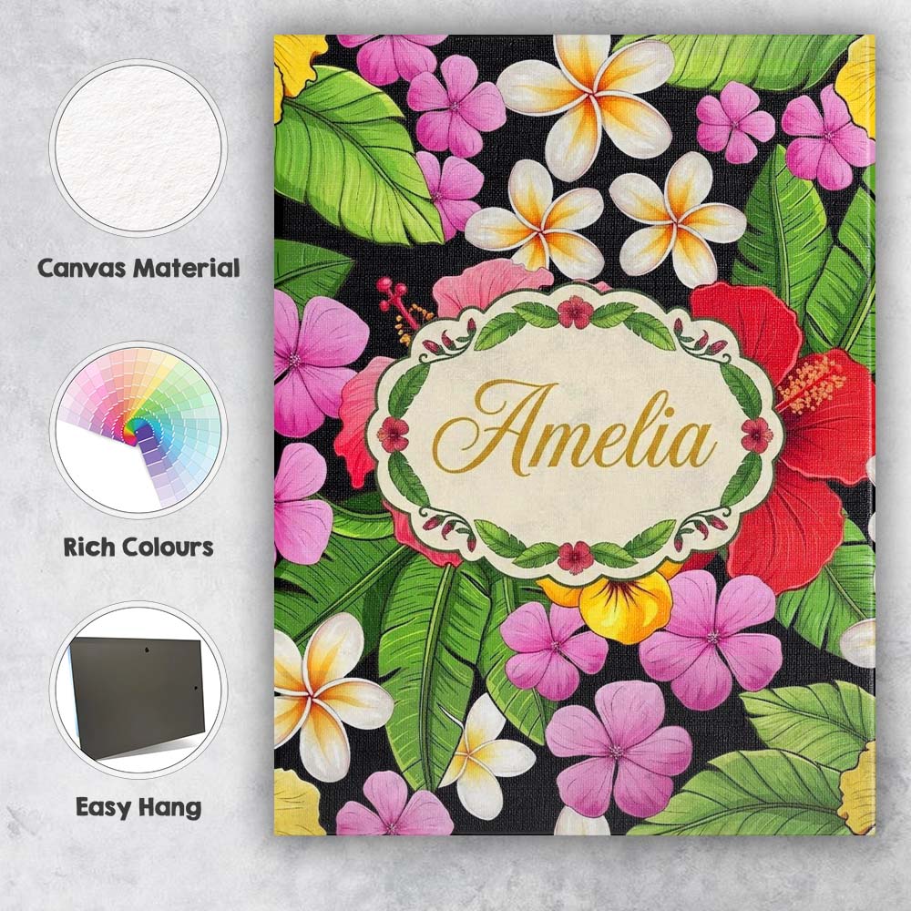 Personalised Name Tropical Hibiscus Flowers Custom  Bespoke Interior Contemporary Canvas Wall Art Print Decor Picture Ready to Hang
