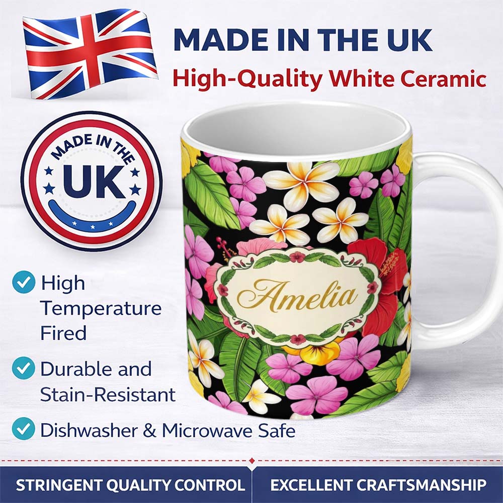 Personalized Custom Name Tropical Hibiscus Flowers Plumeria Leaves Exotic Floral Seamless 11oz Ceramic Coffee Tea Mug White Large Handle