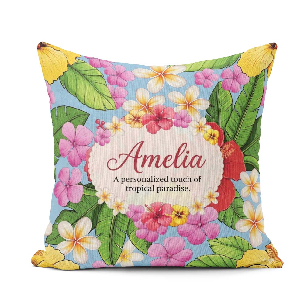 Custom Name Tropical Hibiscus Plumeria Leaves Exotic Floral Blue Square Filled Cushion Throw Pillow Sofa Bed Home Decor Zip Washable UK Made