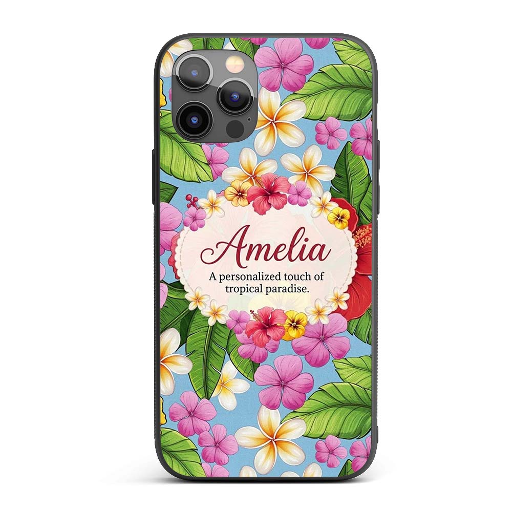 Tropical Hibiscus Flowers Plumeria Leaves Exotic Custom Name Protective Phone Case Mobile Cover Durable Everyday Smartphone Shock Resistant