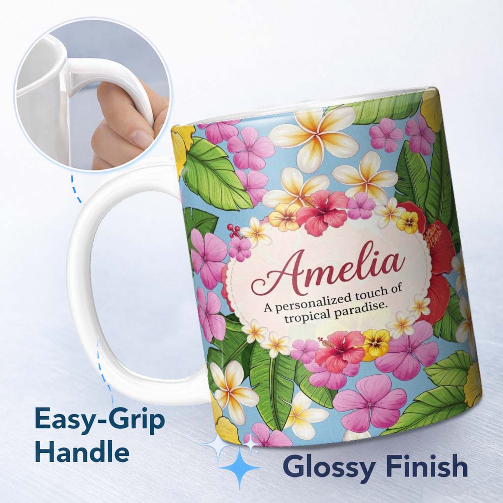 Personalized Custom Name Tropical Hibiscus Flowers Plumeria Leaves Exotic Floral Blue 11oz Ceramic Coffee Tea Mug White Large Handle