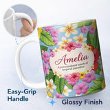 Personalized Custom Name Tropical Hibiscus Flowers Plumeria Leaves Exotic Floral Blue 11oz Ceramic Coffee Tea Mug White Large Handle