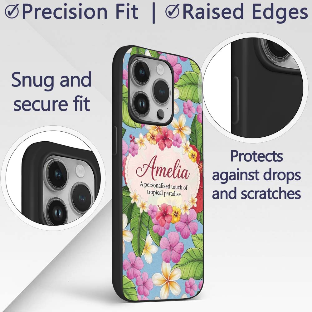 Tropical Hibiscus Flowers Plumeria Leaves Exotic Custom Name Protective Phone Case Mobile Cover Durable Everyday Smartphone Shock Resistant