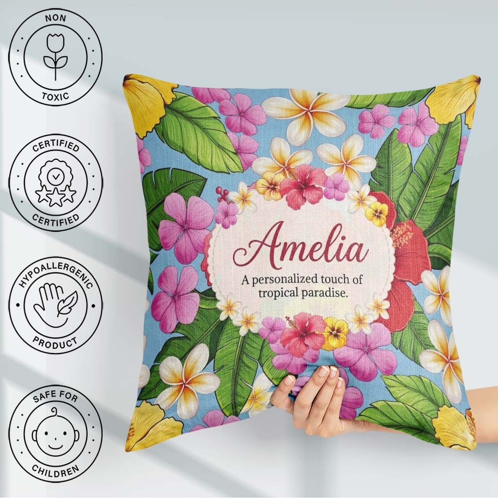 Custom Name Tropical Hibiscus Plumeria Leaves Exotic Floral Blue Square Filled Cushion Throw Pillow Sofa Bed Home Decor Zip Washable UK Made