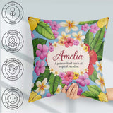 Custom Name Tropical Hibiscus Plumeria Leaves Exotic Floral Blue Square Filled Cushion Throw Pillow Sofa Bed Home Decor Zip Washable UK Made