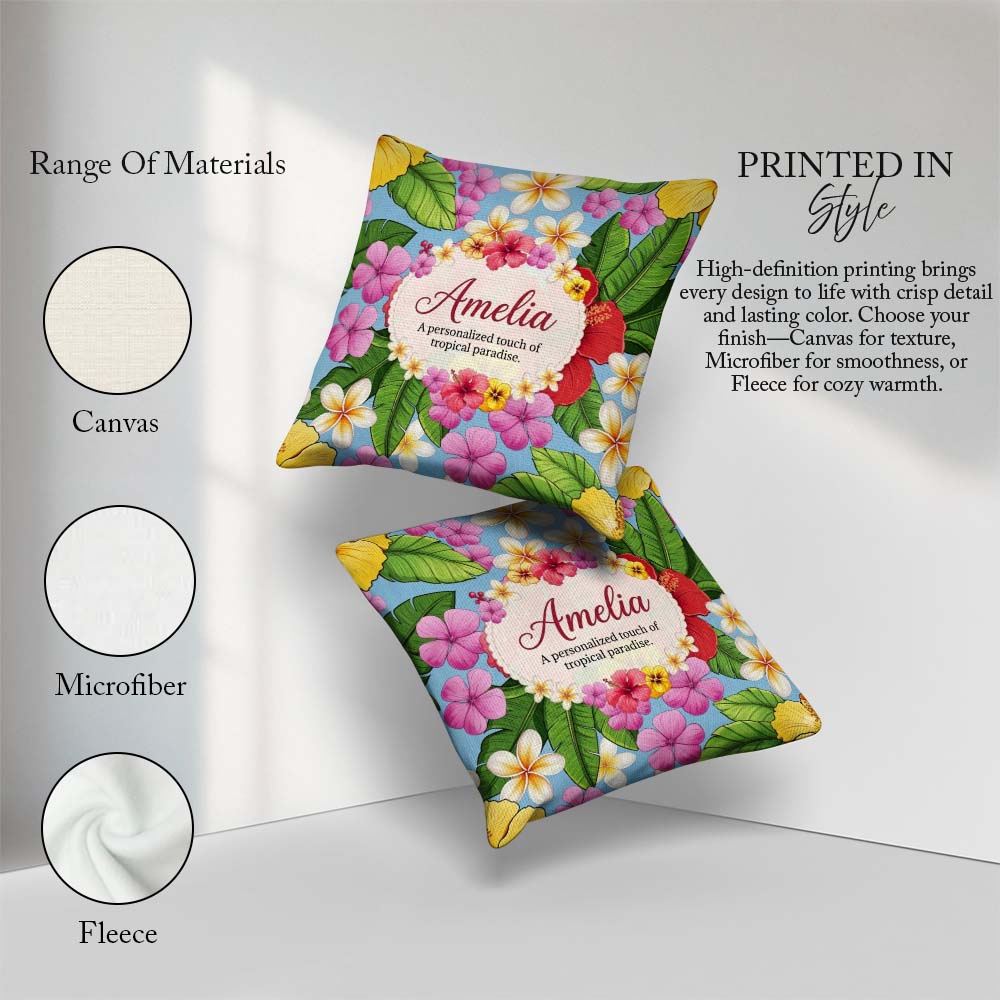 Custom Name Tropical Hibiscus Plumeria Leaves Exotic Floral Blue Square Filled Cushion Throw Pillow Sofa Bed Home Decor Zip Washable UK Made
