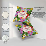Custom Name Tropical Hibiscus Plumeria Leaves Exotic Floral Blue Square Filled Cushion Throw Pillow Sofa Bed Home Decor Zip Washable UK Made