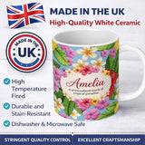 Personalized Custom Name Tropical Hibiscus Flowers Plumeria Leaves Exotic Floral Blue 11oz Ceramic Coffee Tea Mug White Large Handle
