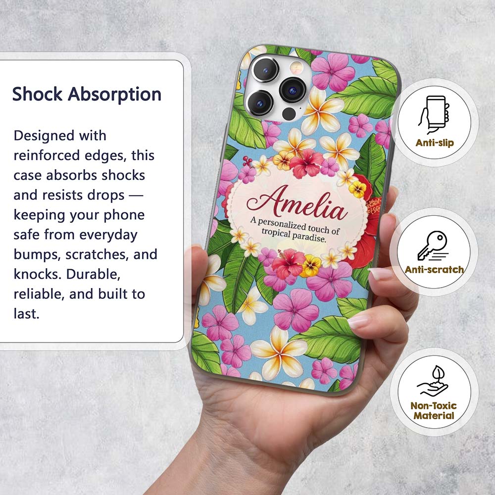 Tropical Hibiscus Flowers Plumeria Leaves Exotic Custom Name Protective Phone Case Mobile Cover Durable Everyday Smartphone Shock Resistant
