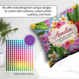 Custom Name Tropical Hibiscus Plumeria Leaves Exotic Floral Blue Square Filled Cushion Throw Pillow Sofa Bed Home Decor Zip Washable UK Made