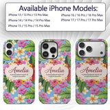 Tropical Hibiscus Flowers Plumeria Leaves Exotic Custom Name Protective Phone Case Mobile Cover Durable Everyday Smartphone Shock Resistant