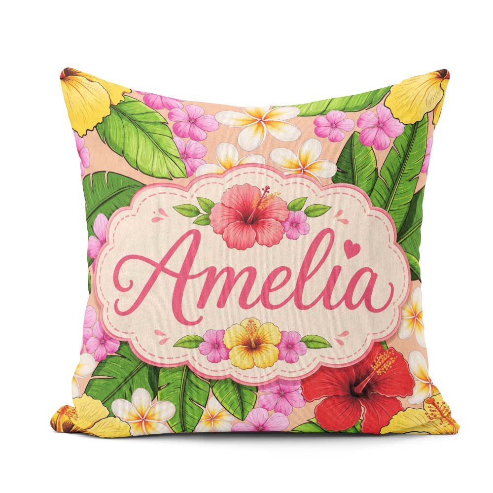 Custom Name Tropical Hibiscus Flowers Leaves Exotic Floral Beige Square Filled Cushion Throw Pillow Sofa Bed Home Decor Zip Washable UK Made