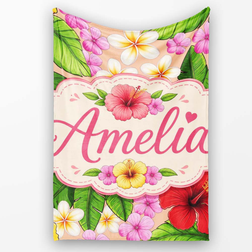 Tropical Hibiscus Flowers Plumeria Leaves Exotic Floral Beige  Personalised Custom Name Super Soft Fleece Blanket Bed Sofa Throw