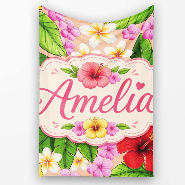 Tropical Hibiscus Flowers Plumeria Leaves Exotic Floral Beige  Personalised Custom Name Super Soft Fleece Blanket Bed Sofa Throw