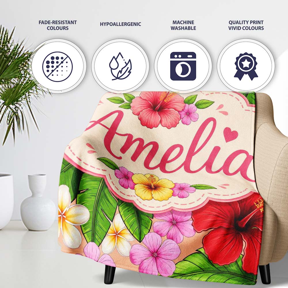 Tropical Hibiscus Flowers Plumeria Leaves Exotic Floral Beige  Personalised Custom Name Super Soft Fleece Blanket Bed Sofa Throw