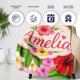 Tropical Hibiscus Flowers Plumeria Leaves Exotic Floral Beige  Personalised Custom Name Super Soft Fleece Blanket Bed Sofa Throw