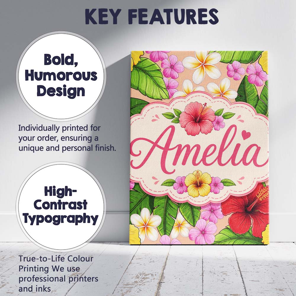 Personalised Name Tropical Hibiscus Flowers Custom  Bespoke Interior Contemporary Canvas Wall Art Print Decor Picture Ready to Hang