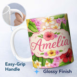 Personalized Custom Name Tropical Hibiscus Flowers Plumeria Leaves Exotic Floral Beige 11oz Ceramic Coffee Tea Mug White Large Handle