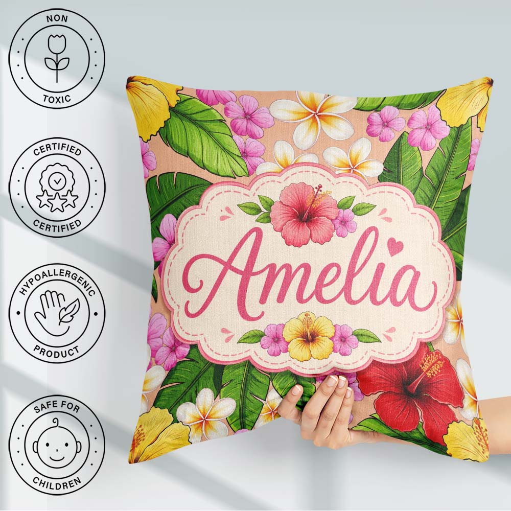 Custom Name Tropical Hibiscus Flowers Leaves Exotic Floral Beige Square Filled Cushion Throw Pillow Sofa Bed Home Decor Zip Washable UK Made