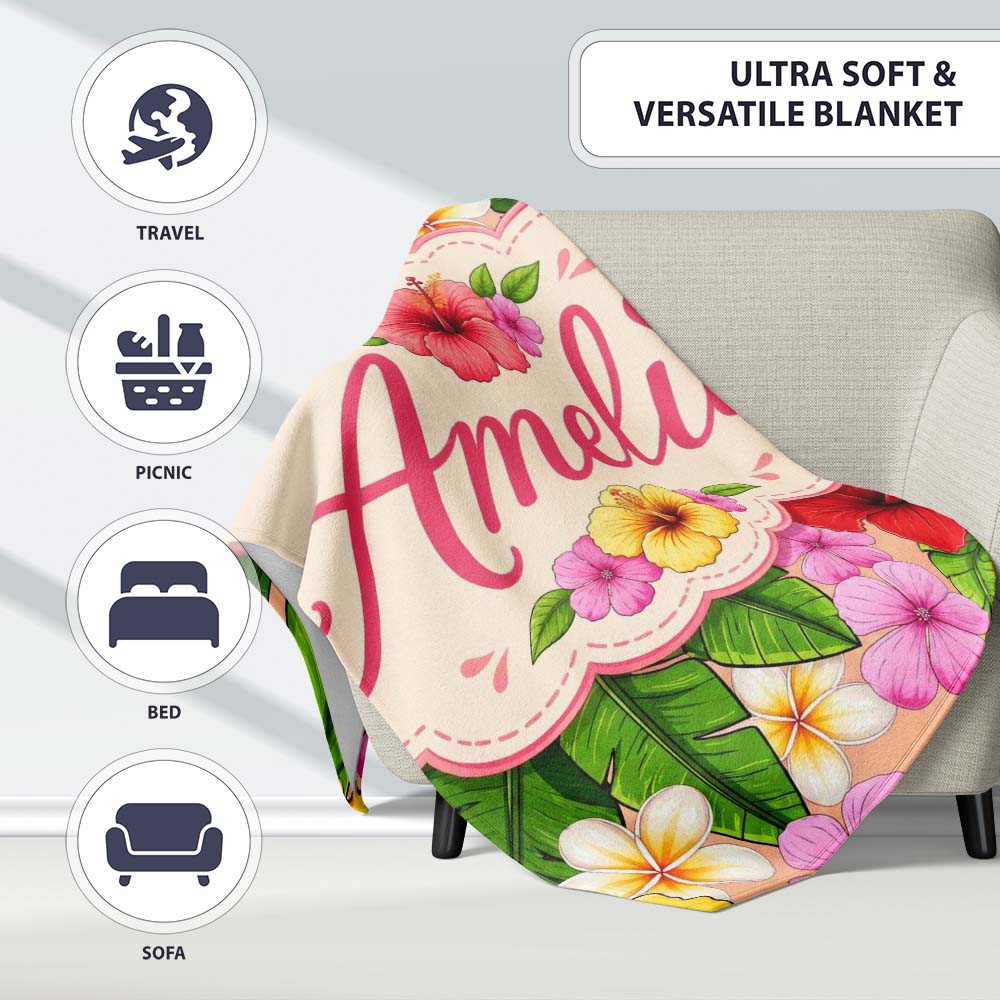 Tropical Hibiscus Flowers Plumeria Leaves Exotic Floral Beige  Personalised Custom Name Super Soft Fleece Blanket Bed Sofa Throw