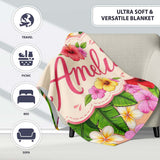Tropical Hibiscus Flowers Plumeria Leaves Exotic Floral Beige  Personalised Custom Name Super Soft Fleece Blanket Bed Sofa Throw