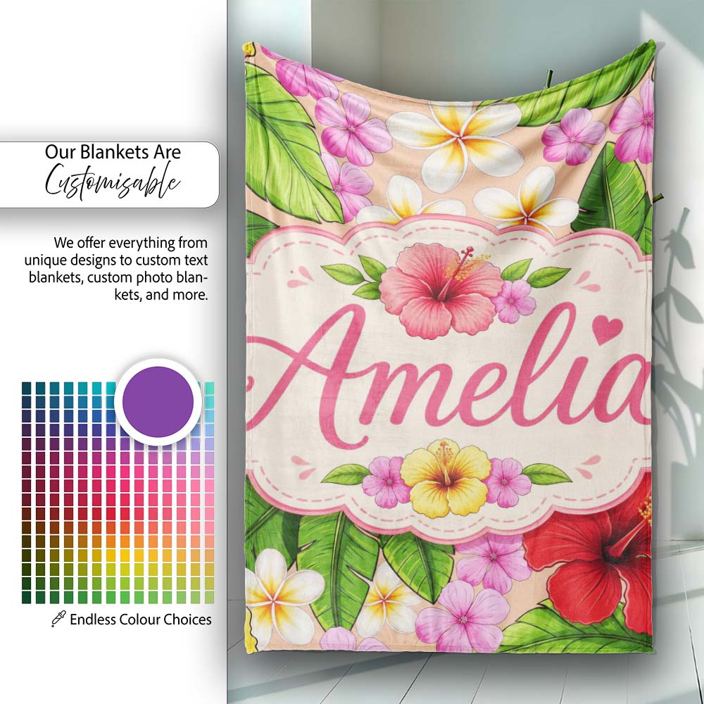 Tropical Hibiscus Flowers Plumeria Leaves Exotic Floral Beige  Personalised Custom Name Super Soft Fleece Blanket Bed Sofa Throw