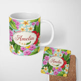 Personalized Custom Name Tropical Hibiscus Flowers Plumeria Leaves Exotic Floral Mint 11oz Ceramic Coffee Tea Mug White Large Handle