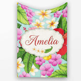 Tropical Hibiscus Flowers Plumeria Leaves Exotic Floral Mint  Personalised Custom Name Super Soft Fleece Blanket Bed Sofa Throw
