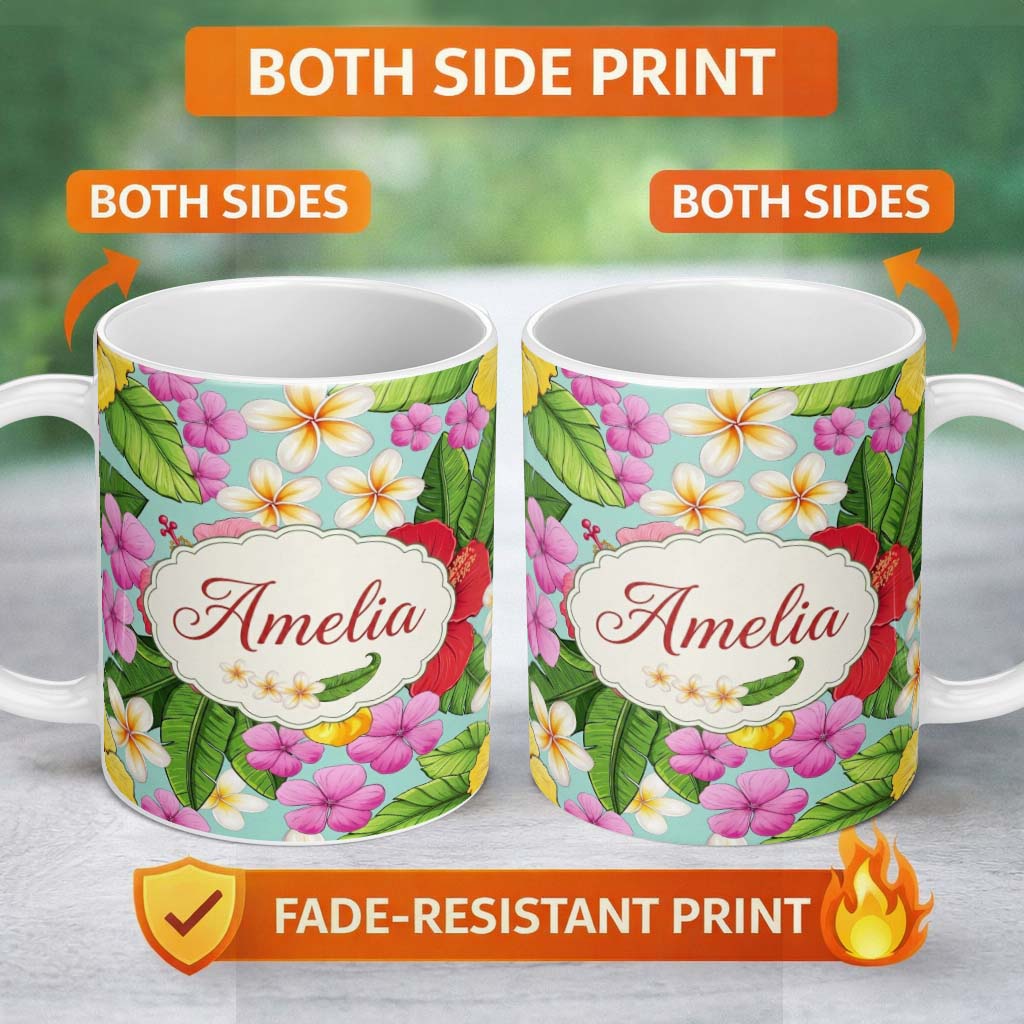 Personalized Custom Name Tropical Hibiscus Flowers Plumeria Leaves Exotic Floral Mint 11oz Ceramic Coffee Tea Mug White Large Handle