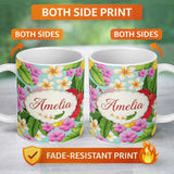 Personalized Custom Name Tropical Hibiscus Flowers Plumeria Leaves Exotic Floral Mint 11oz Ceramic Coffee Tea Mug White Large Handle