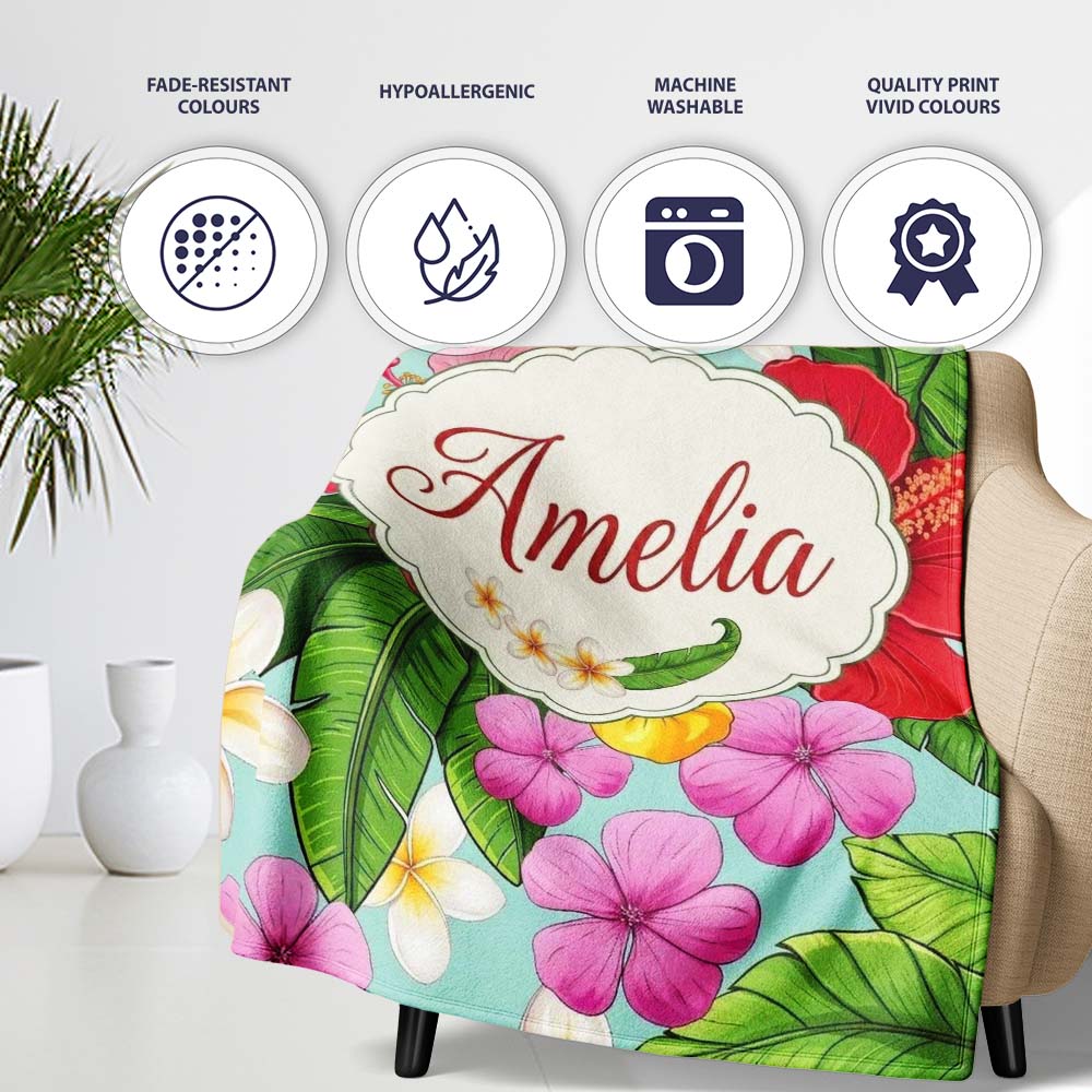 Tropical Hibiscus Flowers Plumeria Leaves Exotic Floral Mint  Personalised Custom Name Super Soft Fleece Blanket Bed Sofa Throw