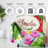 Tropical Hibiscus Flowers Plumeria Leaves Exotic Floral Mint  Personalised Custom Name Super Soft Fleece Blanket Bed Sofa Throw