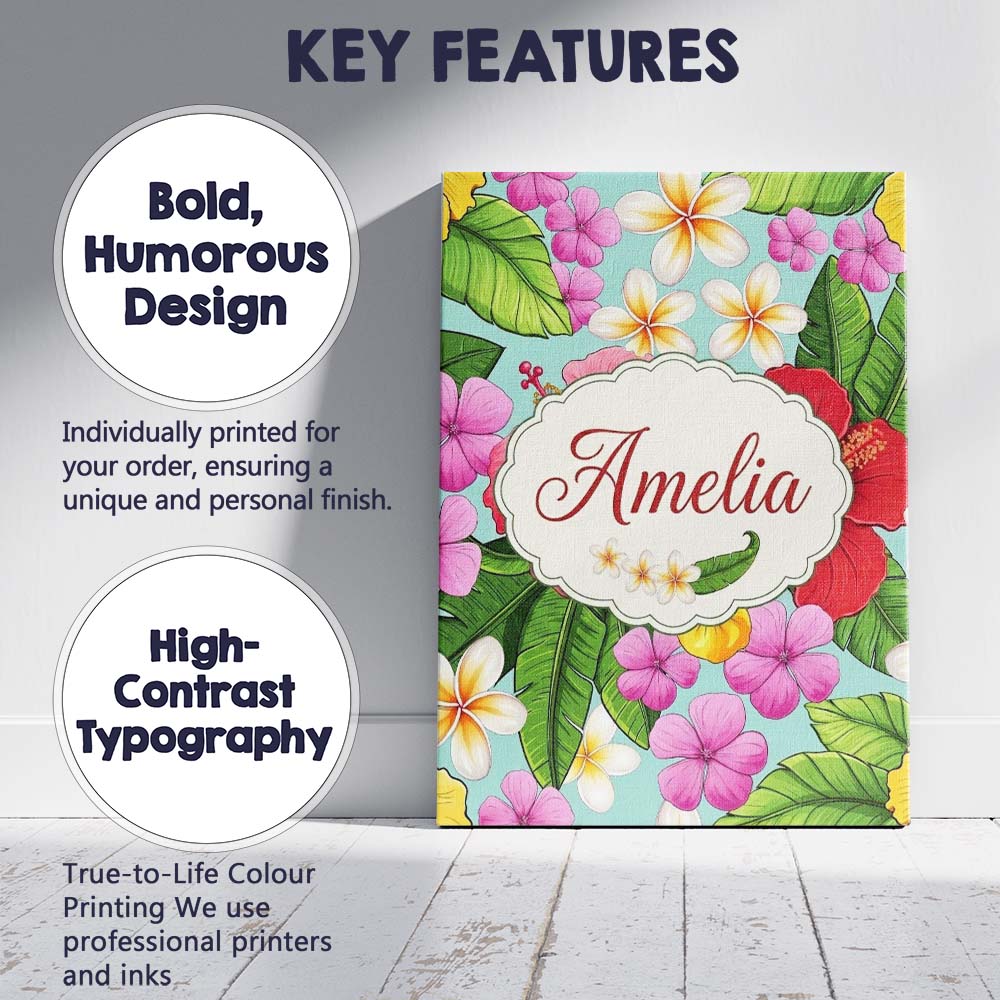 Personalised Name Tropical Hibiscus Flowers Custom  Bespoke Interior Contemporary Canvas Wall Art Print Decor Picture Ready to Hang