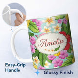 Personalized Custom Name Tropical Hibiscus Flowers Plumeria Leaves Exotic Floral Mint 11oz Ceramic Coffee Tea Mug White Large Handle