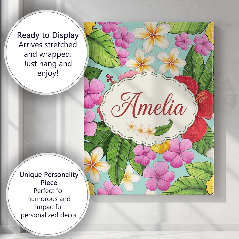 Personalised Name Tropical Hibiscus Flowers Custom  Bespoke Interior Contemporary Canvas Wall Art Print Decor Picture Ready to Hang