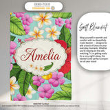 Tropical Hibiscus Flowers Plumeria Leaves Exotic Floral Mint  Personalised Custom Name Super Soft Fleece Blanket Bed Sofa Throw