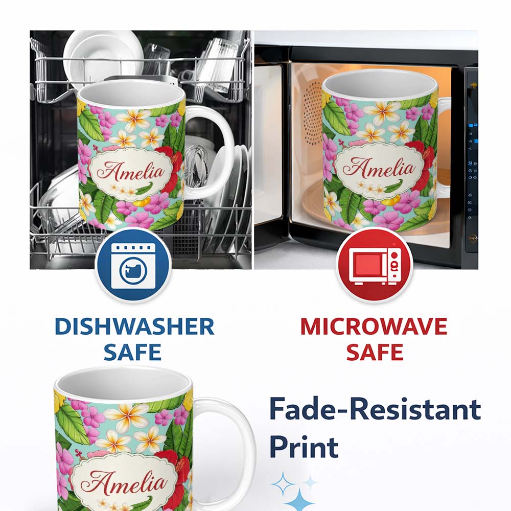 Personalized Custom Name Tropical Hibiscus Flowers Plumeria Leaves Exotic Floral Mint 11oz Ceramic Coffee Tea Mug White Large Handle